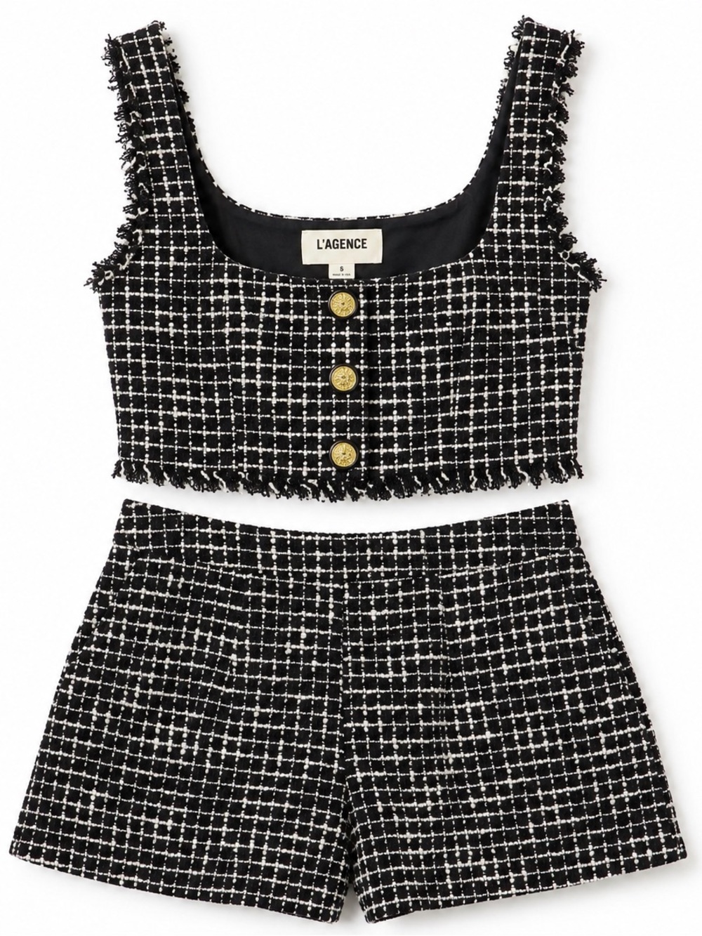 L'AGENCE Black & White Plaid Tweed High-Rise Short & Crop Top Set NWT